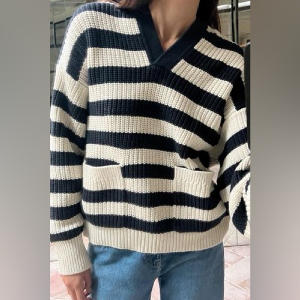 ZARA Hooded Knit Sweater Striped Cotton Long Sleeve Front Pockets Preppy Coastal - Picture 3 of 5